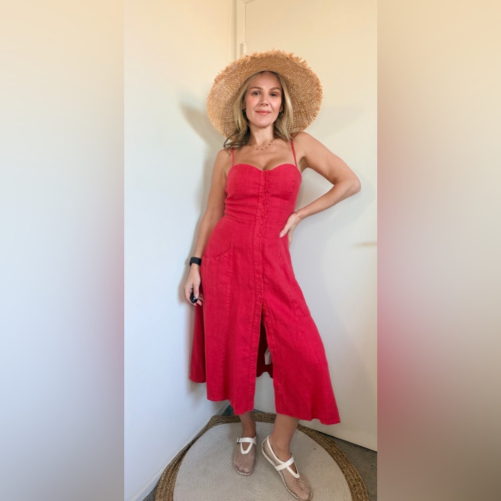 Red Button-Front Midi Dress with Spaghetti Straps